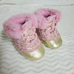 Sorel Caribooties Pink Gold Leopard Booties Cribshoes Infant Newborn Size 3c